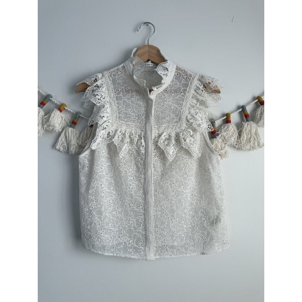 Alice + Olivia Ivory Lace Ruffle Sleeveless Blouse
